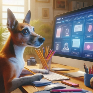 A digital art image of a dog sitting at a PC and working on a website
